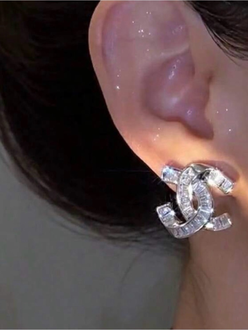 CHANEL Silver Crystal CC Logo Stud Earrings - Picture 3 of 5